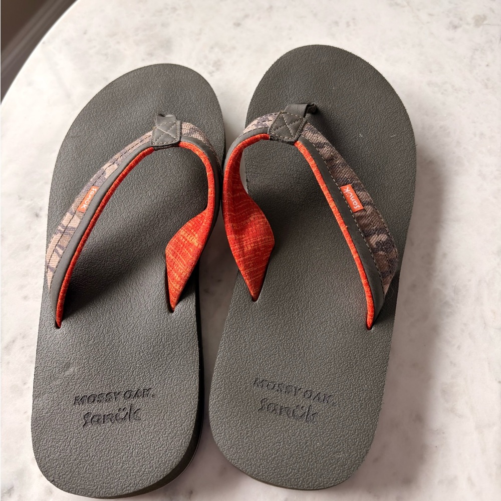 Sanuk Gray and Orange Flip-Flops